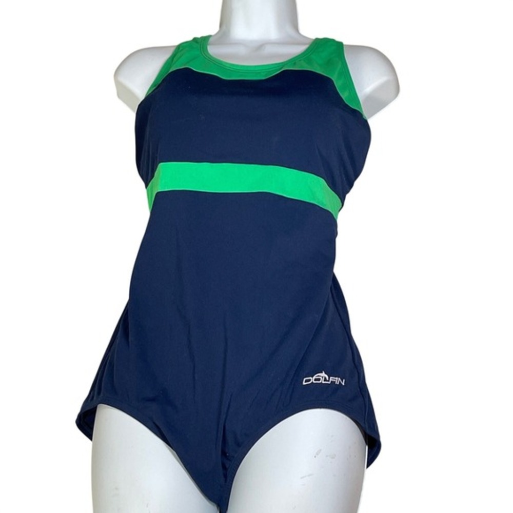 Dolfin Aquashape Women Navy Blue Green One Piece Swimsuit Athletic‎ Size 12 pool